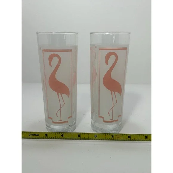 Set of 2 Vtg Glasses Pink flamingo frostedmdrinking glass bird glass Highball‎ - Picture 9 of 9